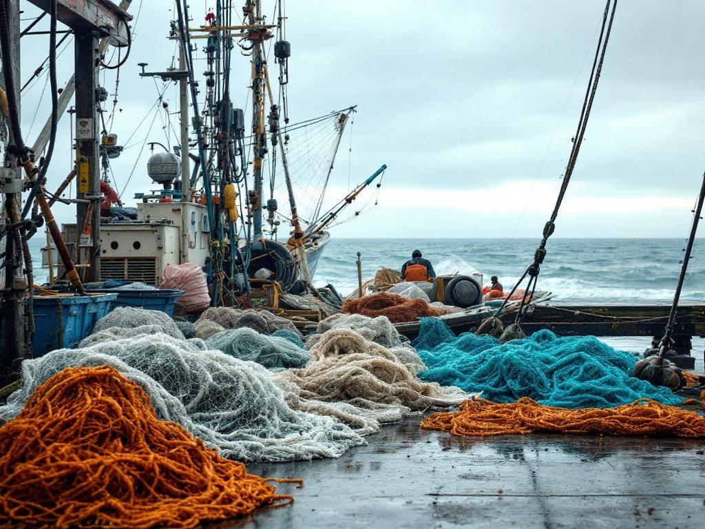 Sustainable fishing nets and equipment on dock