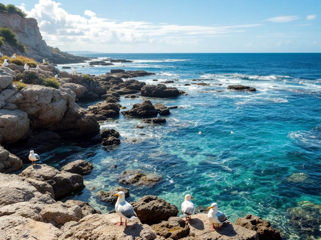 Thriving coastal ecosystem with seabirds and clear waters