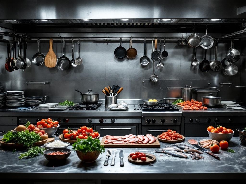Professional kitchen prep station with fresh seafood
